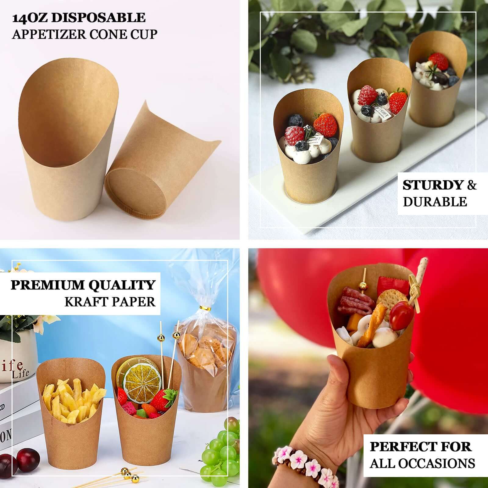 50 Pack Natural Brown Paper Popcorn Box Snack Cups, Disposable Appetizer Cone Cups 14oz