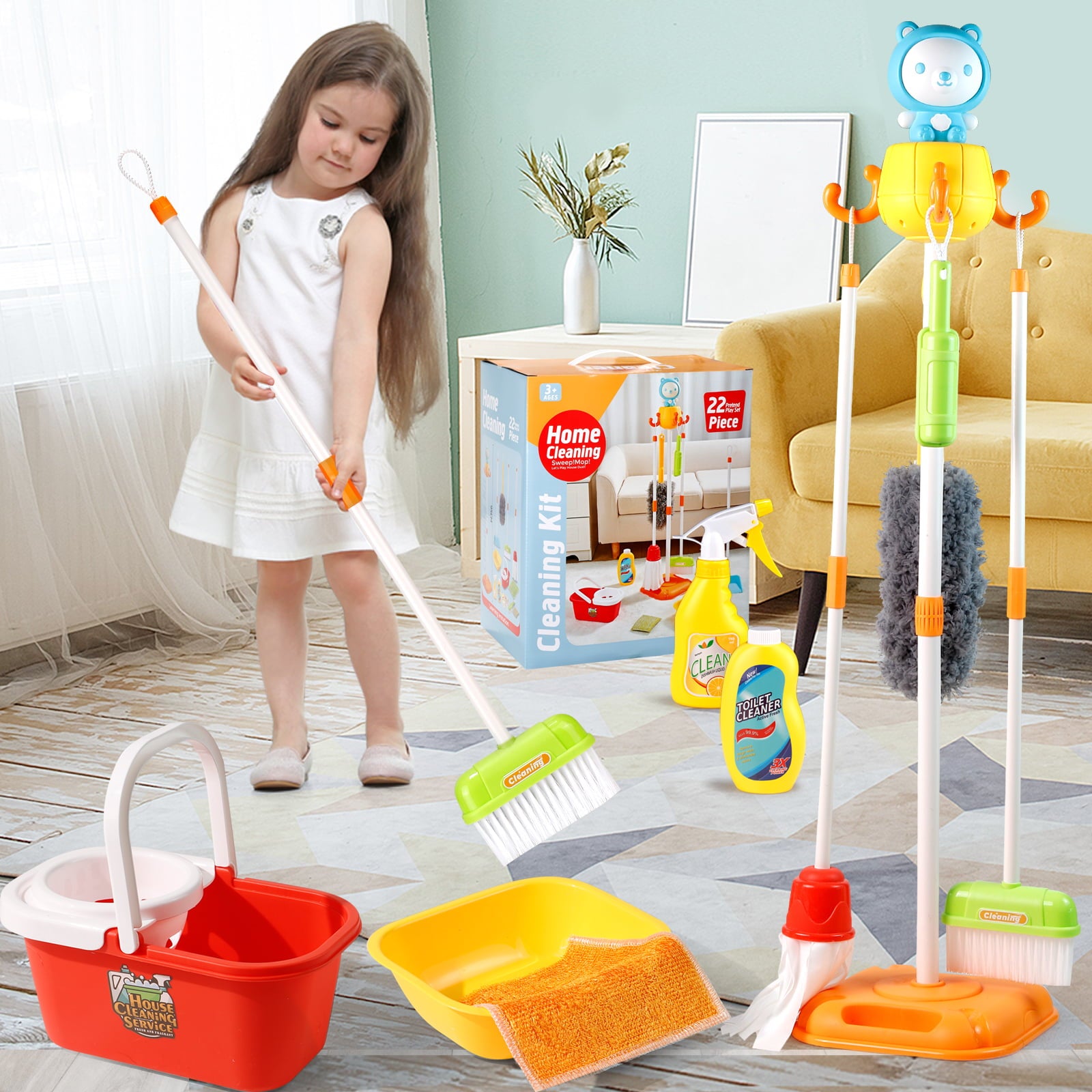 NETNEW Kids Cleaning Set Pretend Play Toys for girls 3-6 years 22 Piece for Toddlers Broom Set Household Cleaning Tools Housekeeping Toys Girl and Boys Kitchen Toys