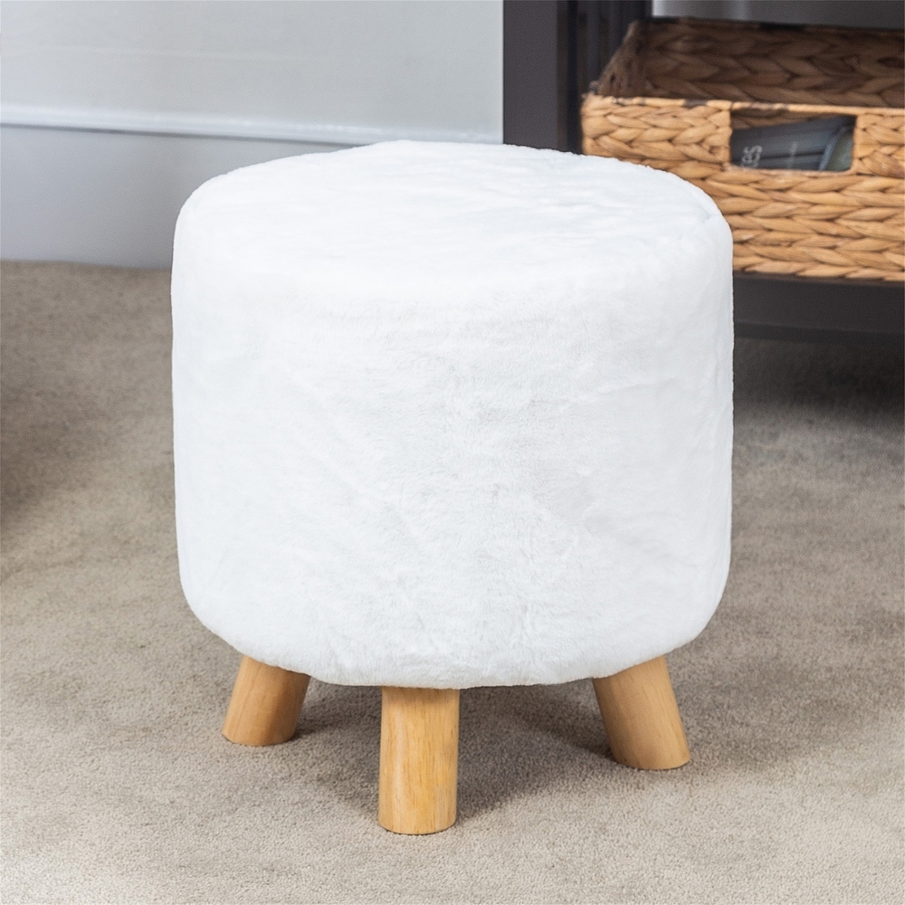 Adeco Round Ottoman Footrest Faux Fur Stool Upholstered Padded Pouf