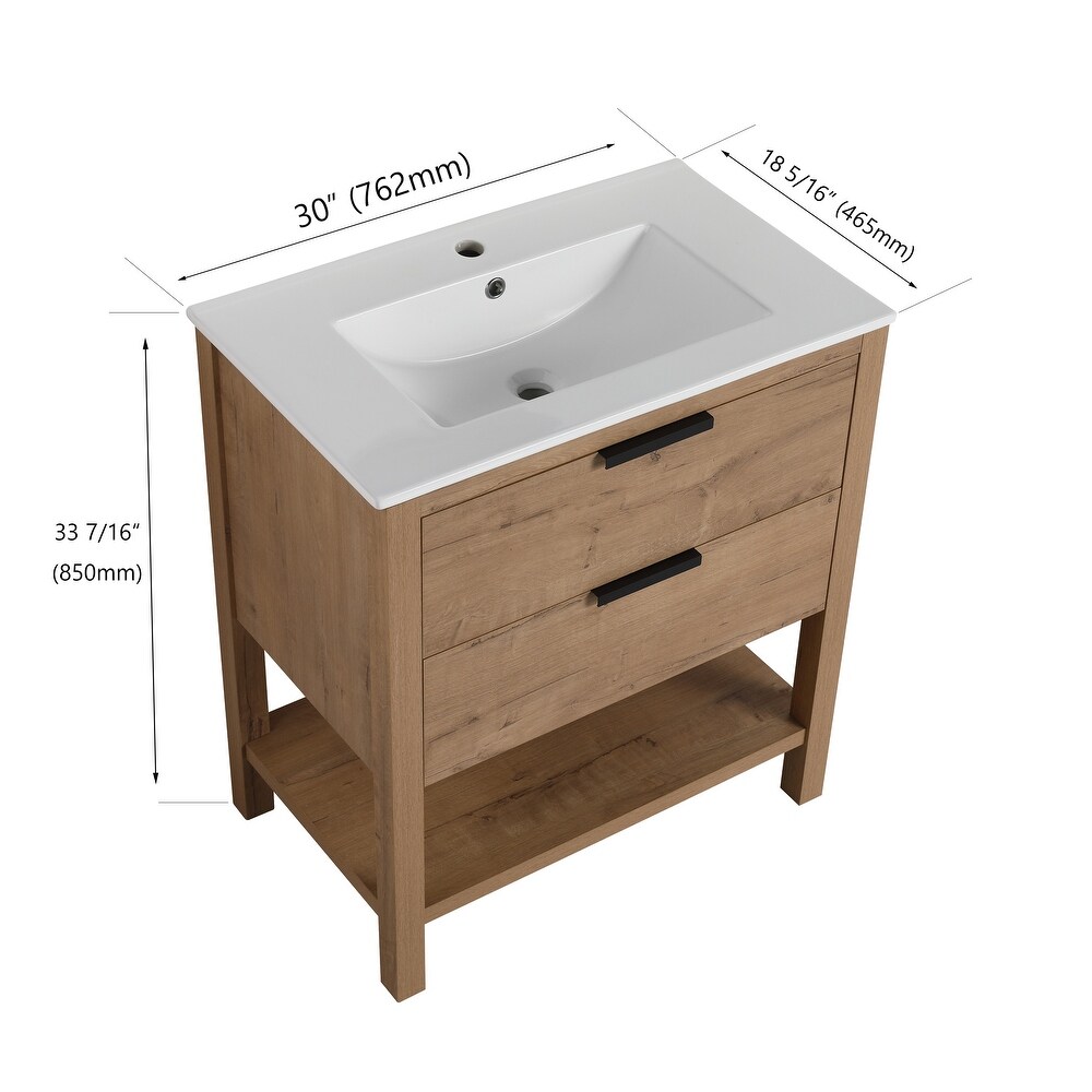 30 Inch Freestanding Bathroom Vanity with Soft Closing Drawers and Ceramic Sink  2/3 Extension Self Closing Drawers