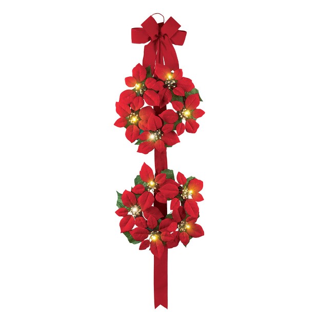 Collections Etc Lighted Poinsettia Double Wreath Red