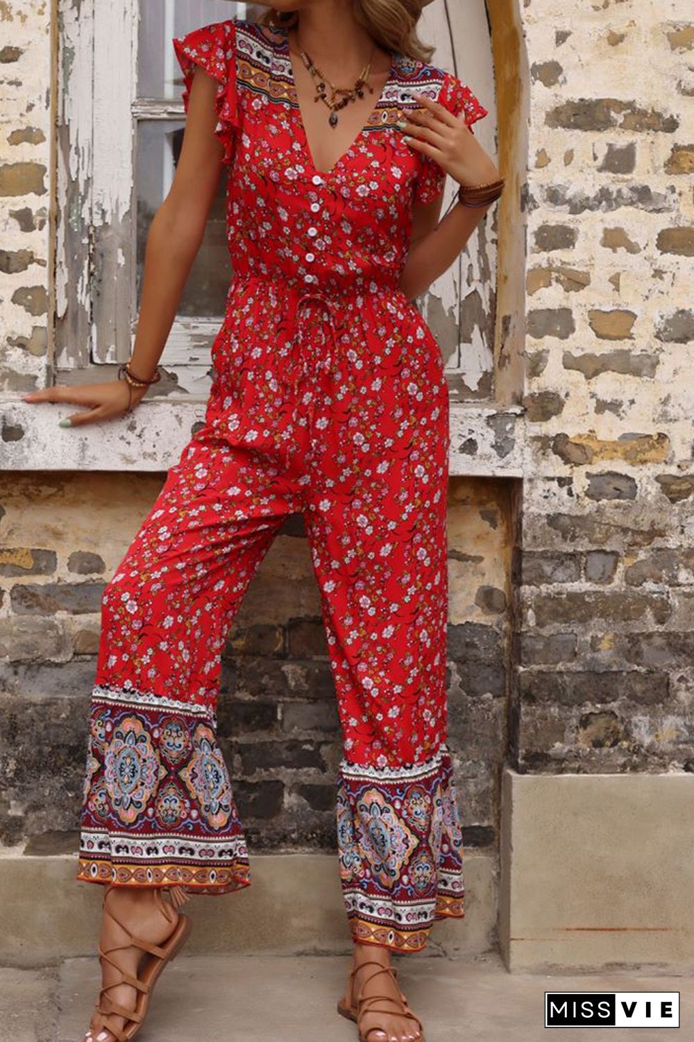 Red Flared Boho V Neck Ruffled Jumpsuit Wholesale