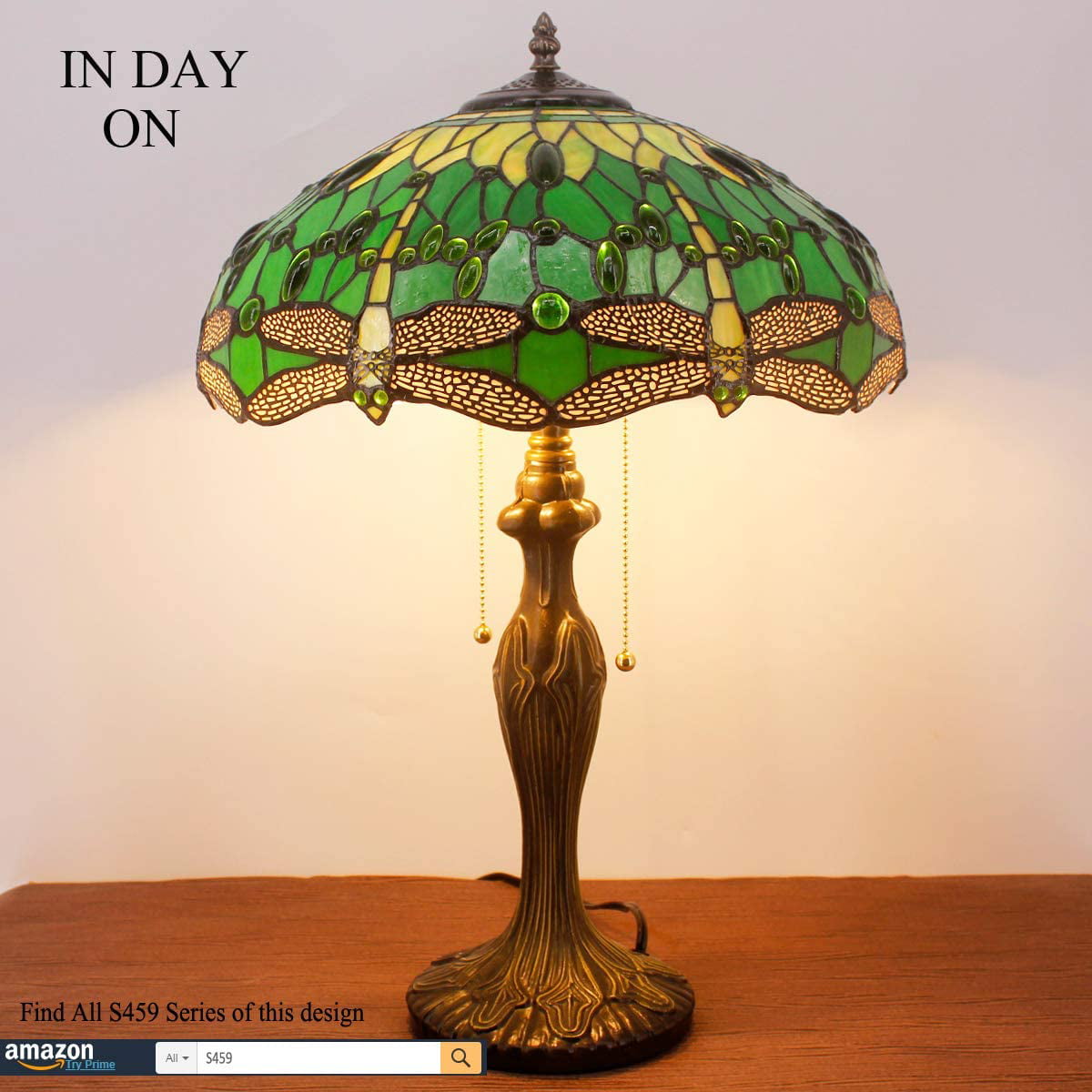 Tiffany Style Table Lamp Green Stained Glass Dragonfly Bedside Lamp 16X16X24 Inch Desk Reading Light Metal Base Decor Bedroom Living Room Home Office S459 Series