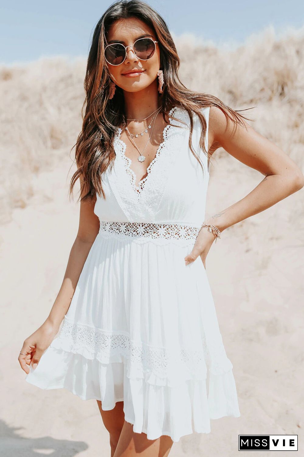 White Lace Crochet Flounce V Neck Sleeveless Mini Dress