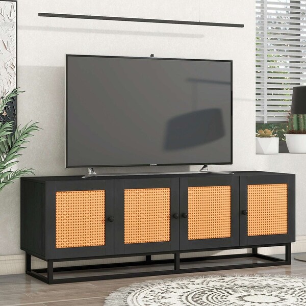 TV Stand Entertainment Cabinet with 4 Textured Rattan Doors and 2 Adjustable Panels