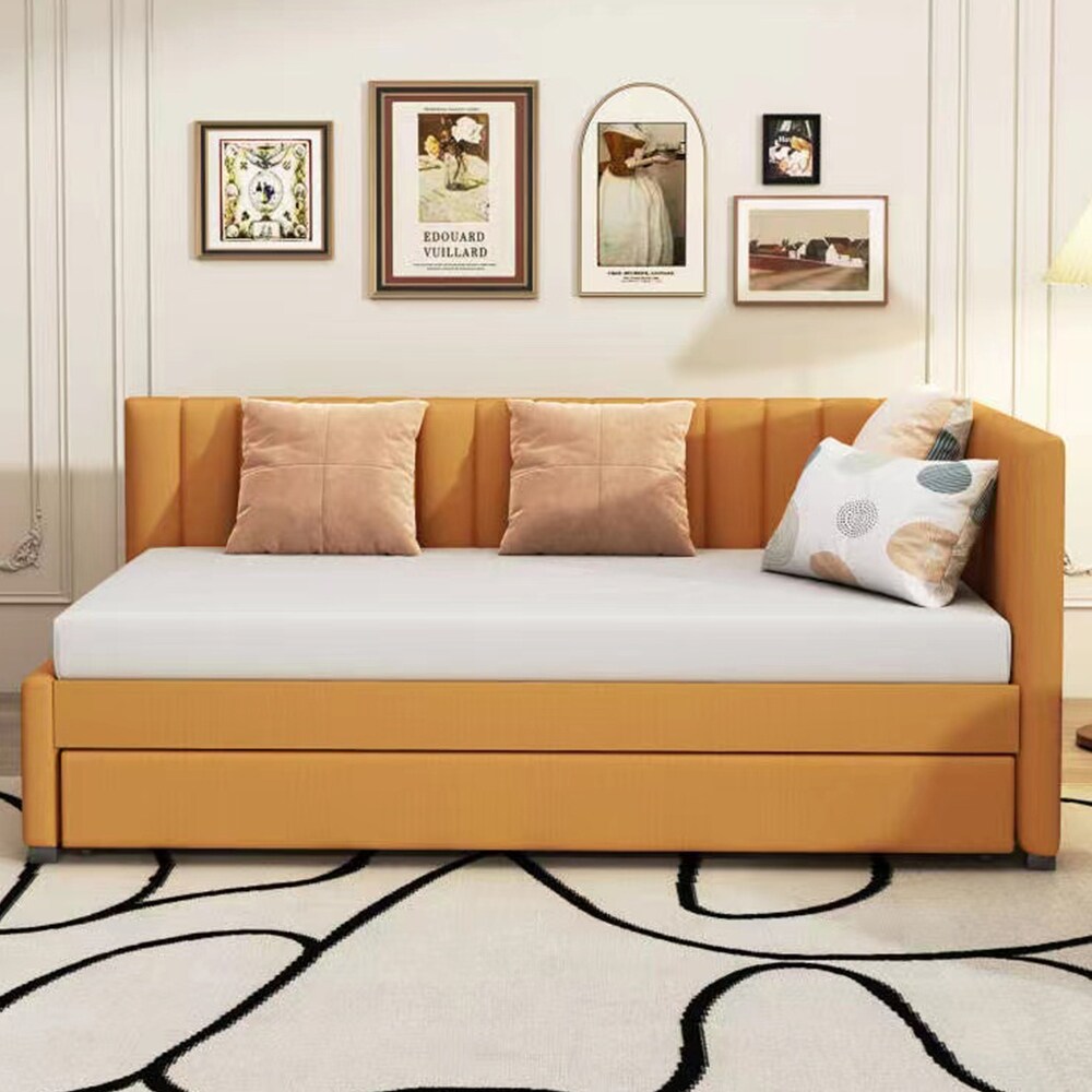 Twin Daybed Frame Linen Upholstered Sofa Bed L Shaped Backrest Mattress Holde Slat Support with Twin Size Trundle