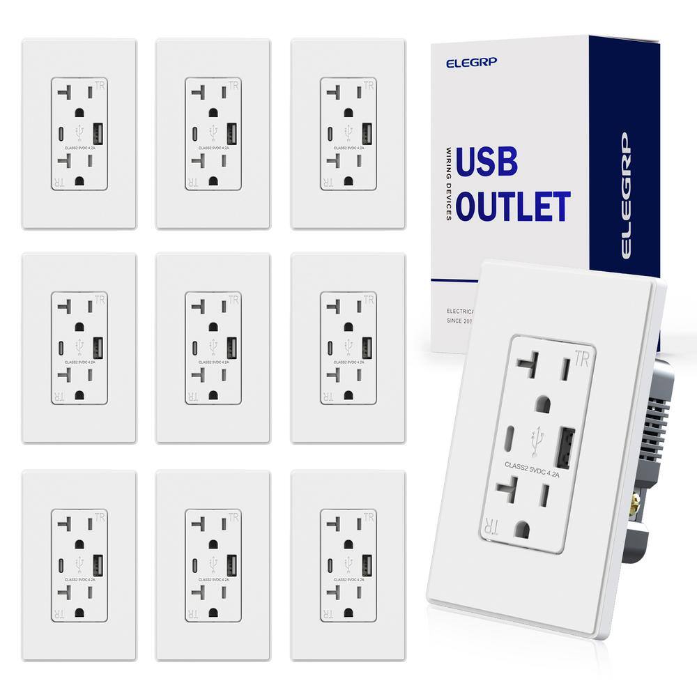 ELEGRP 4.2 Amp Type A  Type C USB Charger Wall Outlet 20 Amp Duplex Tamper Resistant Outlet with Wall Plate White（10 Pack） ER16242AC-0110