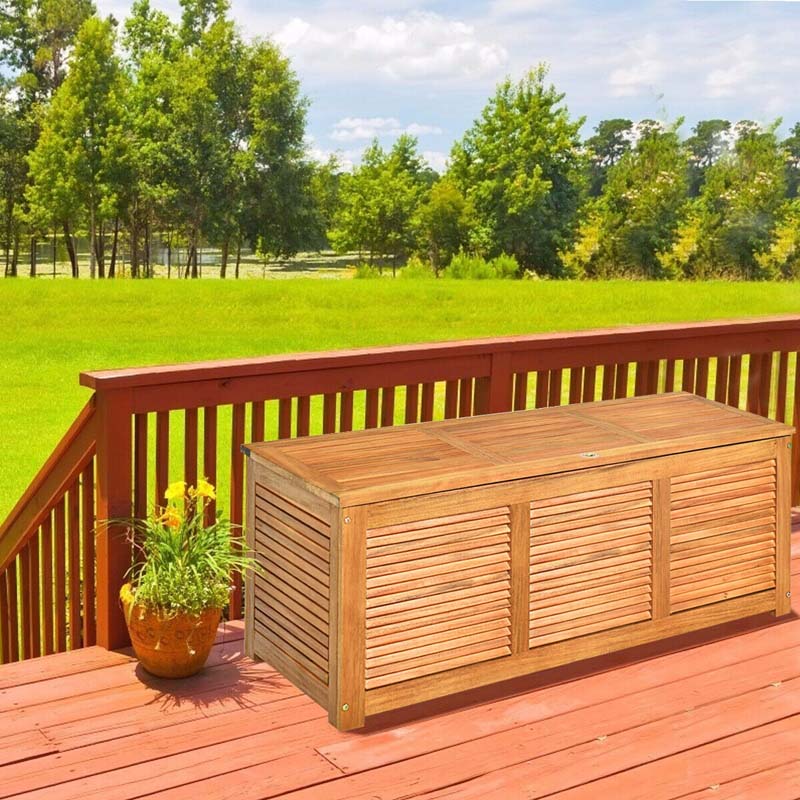 47 Gallon Acacia Wood Deck Box in Teak Oil, Large Outdoor Storage Box, Deck Storage Bench for Patio