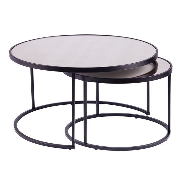 2pc Black Round Nesting Glass Top Cocktail Table Set 32