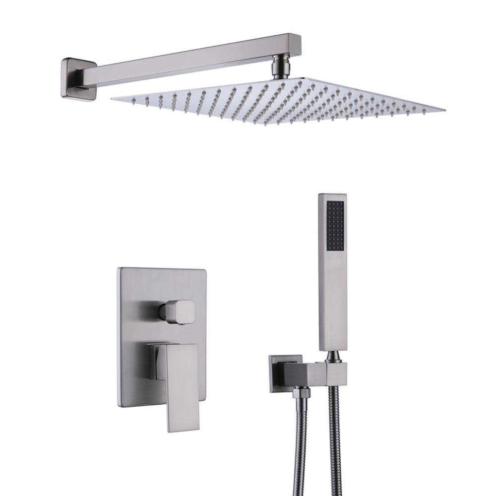 GIVING TREE 2-Spray Square 12 in. Rain Shower Head with Single-Handle Hand Shower Faucet in Brushed Nickel HDYN-MM0004