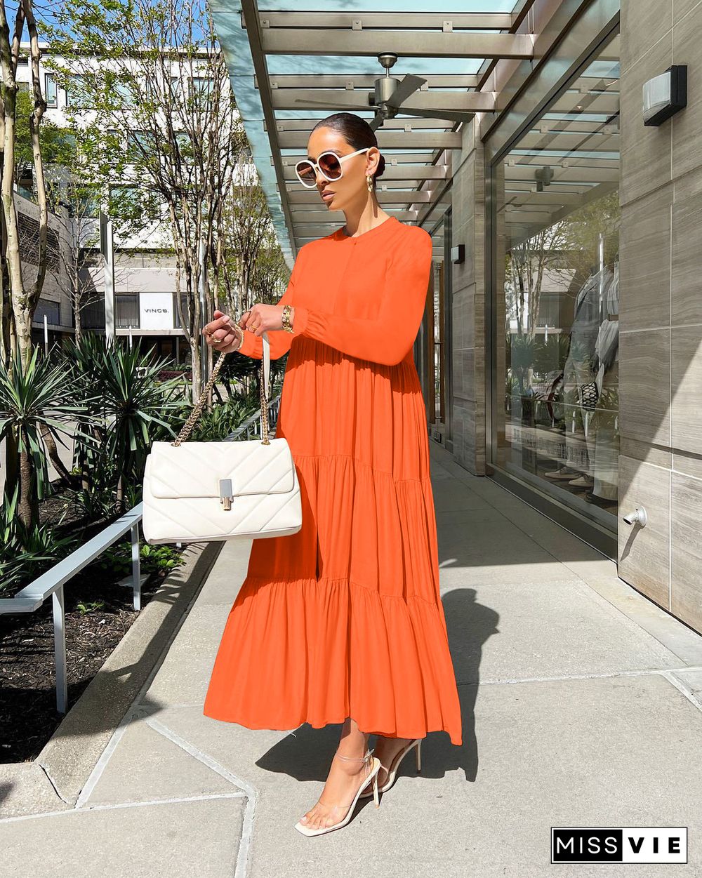 Solid Long Sleeve Loose Fitting Pleated Maxi Dresses