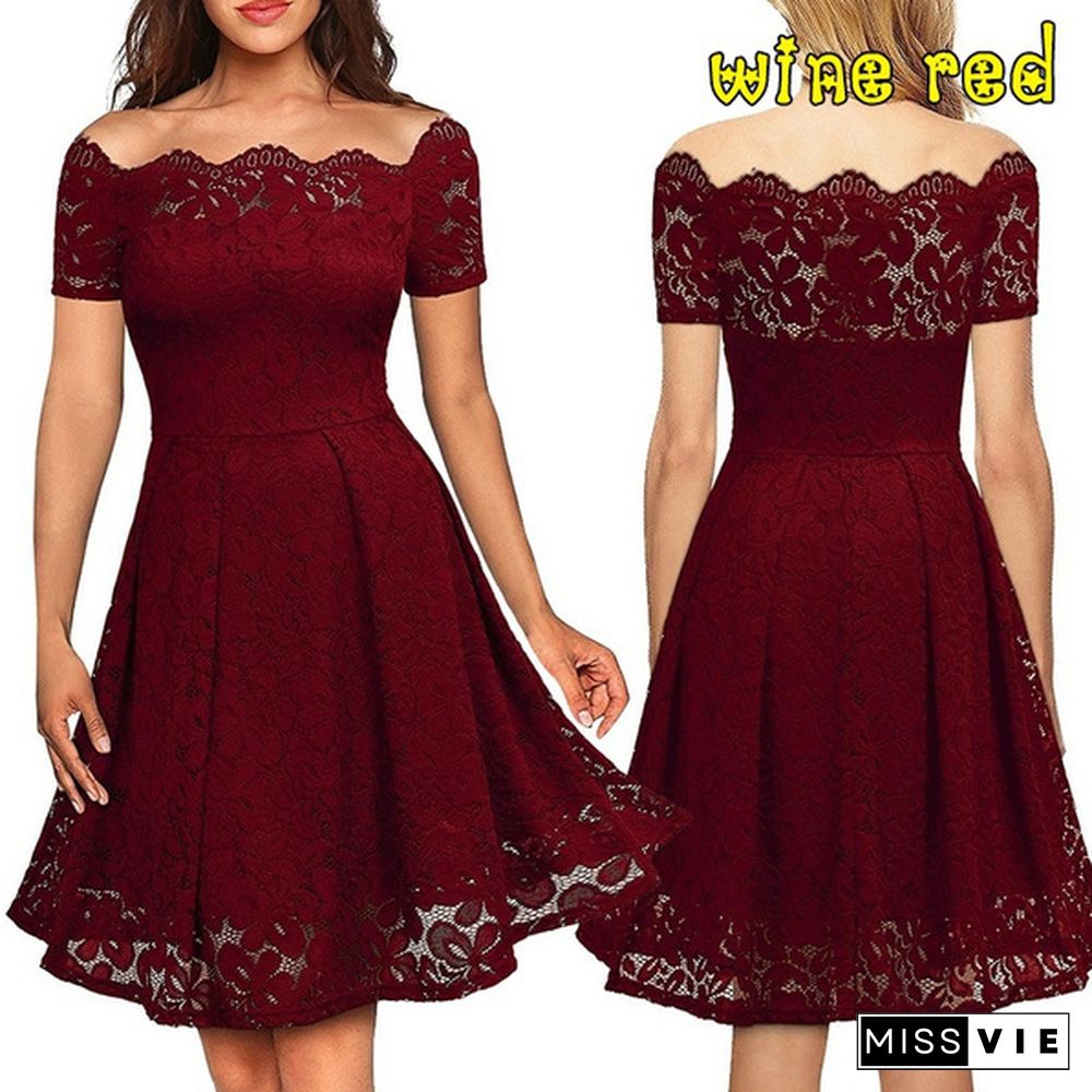 Women's Fashion Floral Lace Dress Female Black Retro Elegant Party Club Dress Evening Gowns Dress Party Prom Dresses Short Sleeve Backless Flare Swing Mini Dress