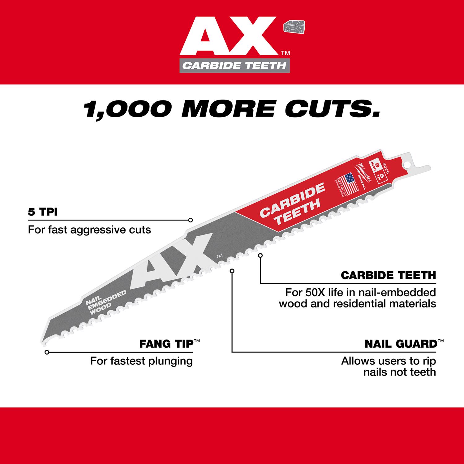 MW AX 9 in. Carbide Demolition Reciprocating Saw Blade 5 TPI 1 pk