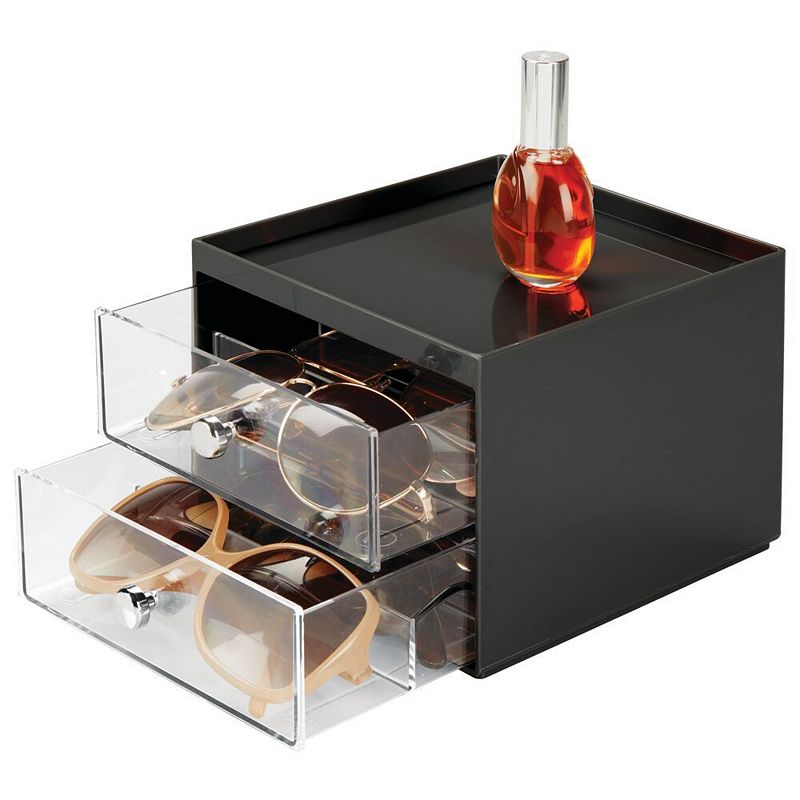 mDesign Plastic Organizer Box， 2 Drawers for Glasses， Accessories - Black/Clear