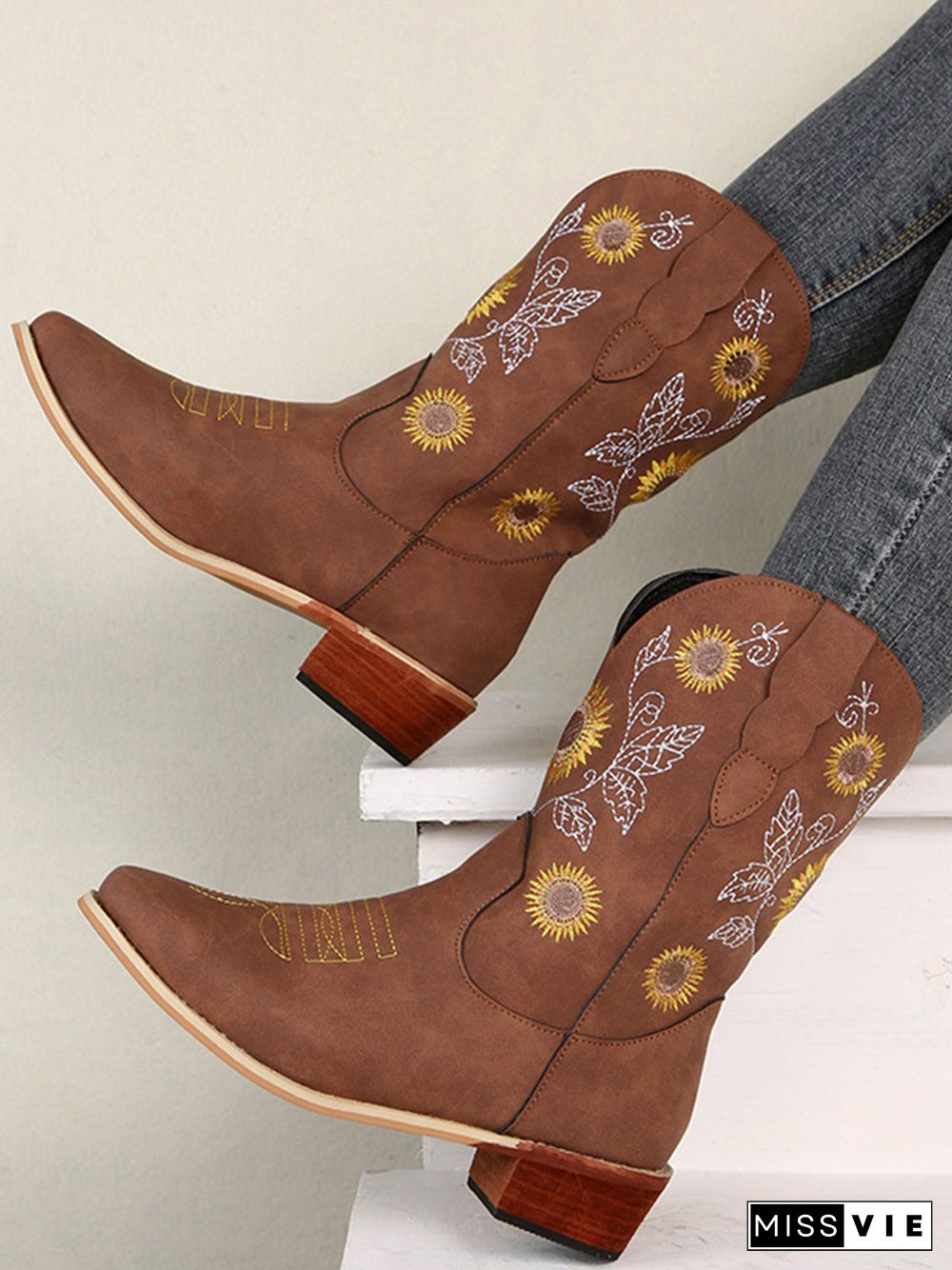 Sunflower Embroidery Boho Cowboy Boots