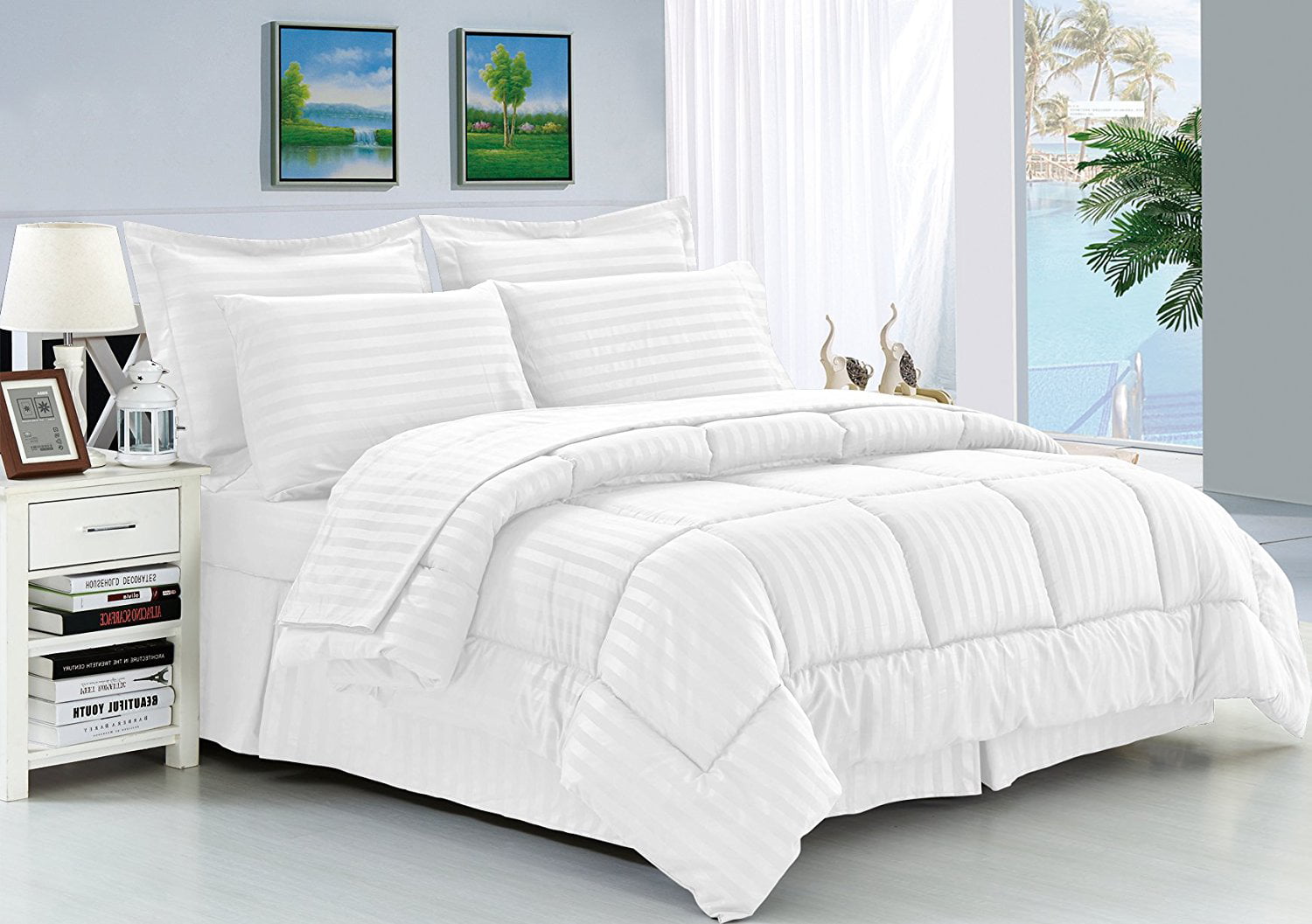 Mocassi Wrinkle Resistant - Silky Soft Dobby Stripe Bed-in-a-Bag 8-Piece Comforter Set --HypoAllergenic - Full/Queen， White