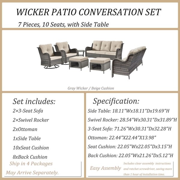 Wicker Patio Furniture Conversation Set with High Back Swivel Chairs and Storage Ottomans，Cushions Included🎃