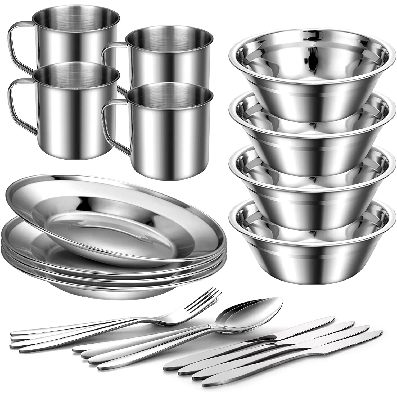 Factory Price Outdoor Picnic Camping Hiking Tableware Stainless Steel Bowls Plates Cups Cutlery Flatware Set