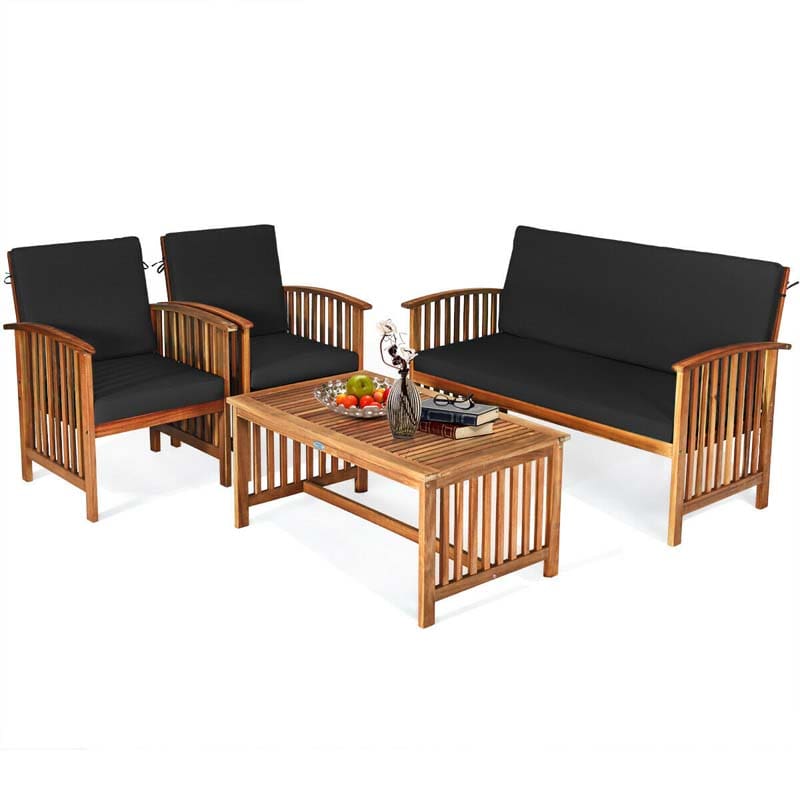 4 Pcs Outdoor Acacia Wood Sofa Set Patio Conversation Furniture Set with Cushions & Coffee Table