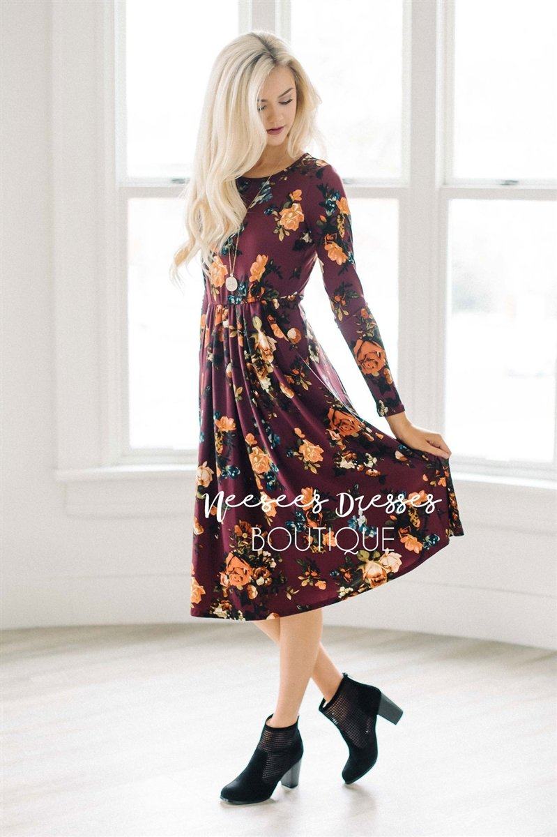 Pleated Waist Burgundy In Bloom Dress