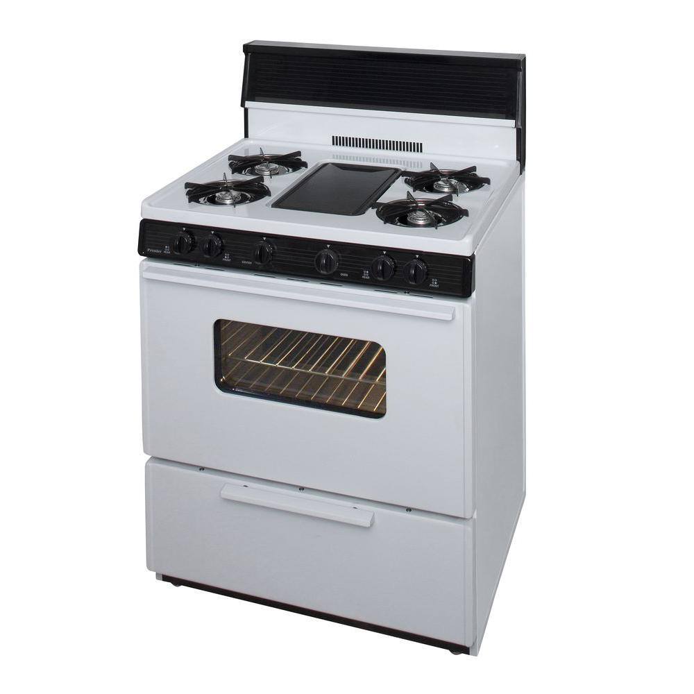 Premier 30 in. 3.91 cu. ft. Battery Spark Ignition Gas Range with 5 Burner and Griddle Package in White BFK5S9WP