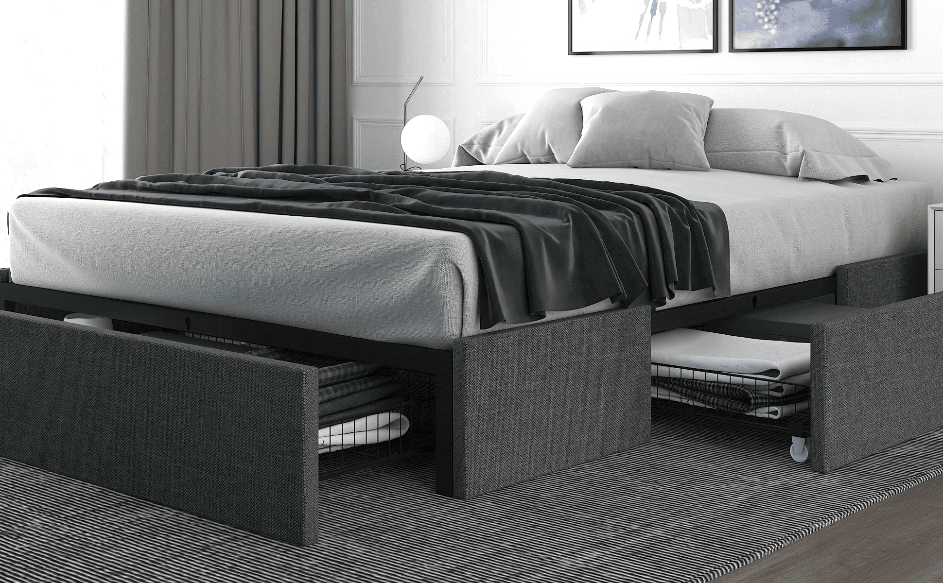 Einfach Upholstered Queen Size Bed Frame with 3 Big Drawers, Dark Grey