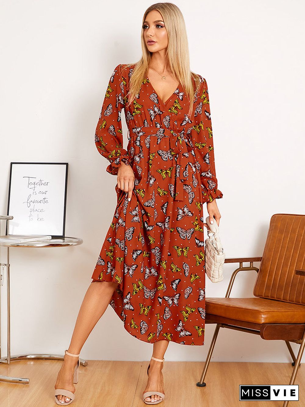 Butterfly Print Belt Long Sleeve V-neck Maxi Dress