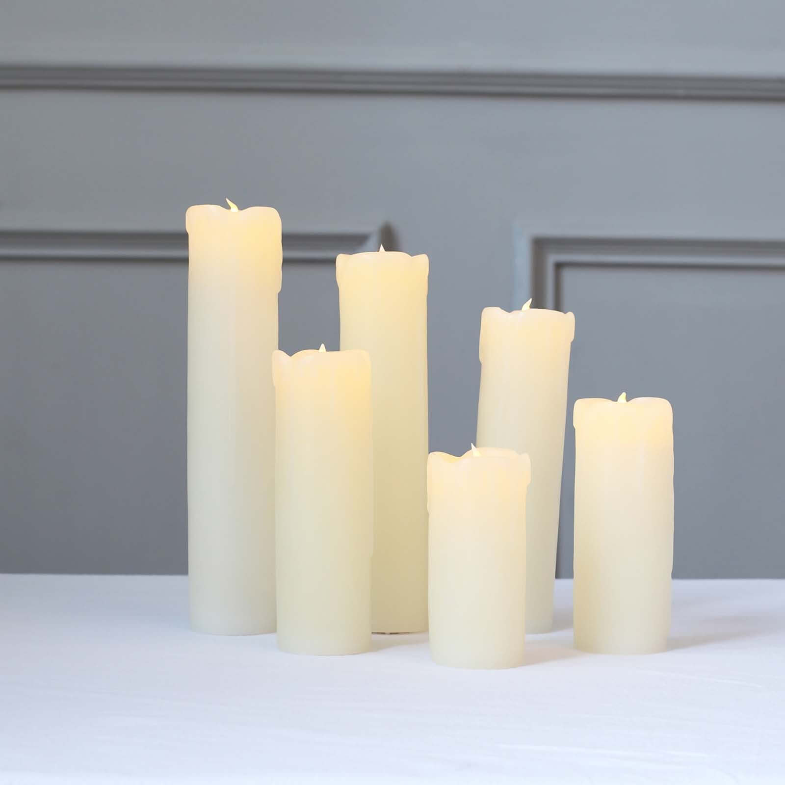 Set of 6 Warm White Flameless Flicker LED Drip Wax Pillar Candles, Battery Operated Luminaria Holiday Candles