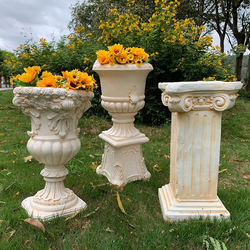 European Outdoor Resin Large Flower Pot Garden Decor Supplies 3D Luxury Carving Roman Columns Floor Vase Ornament