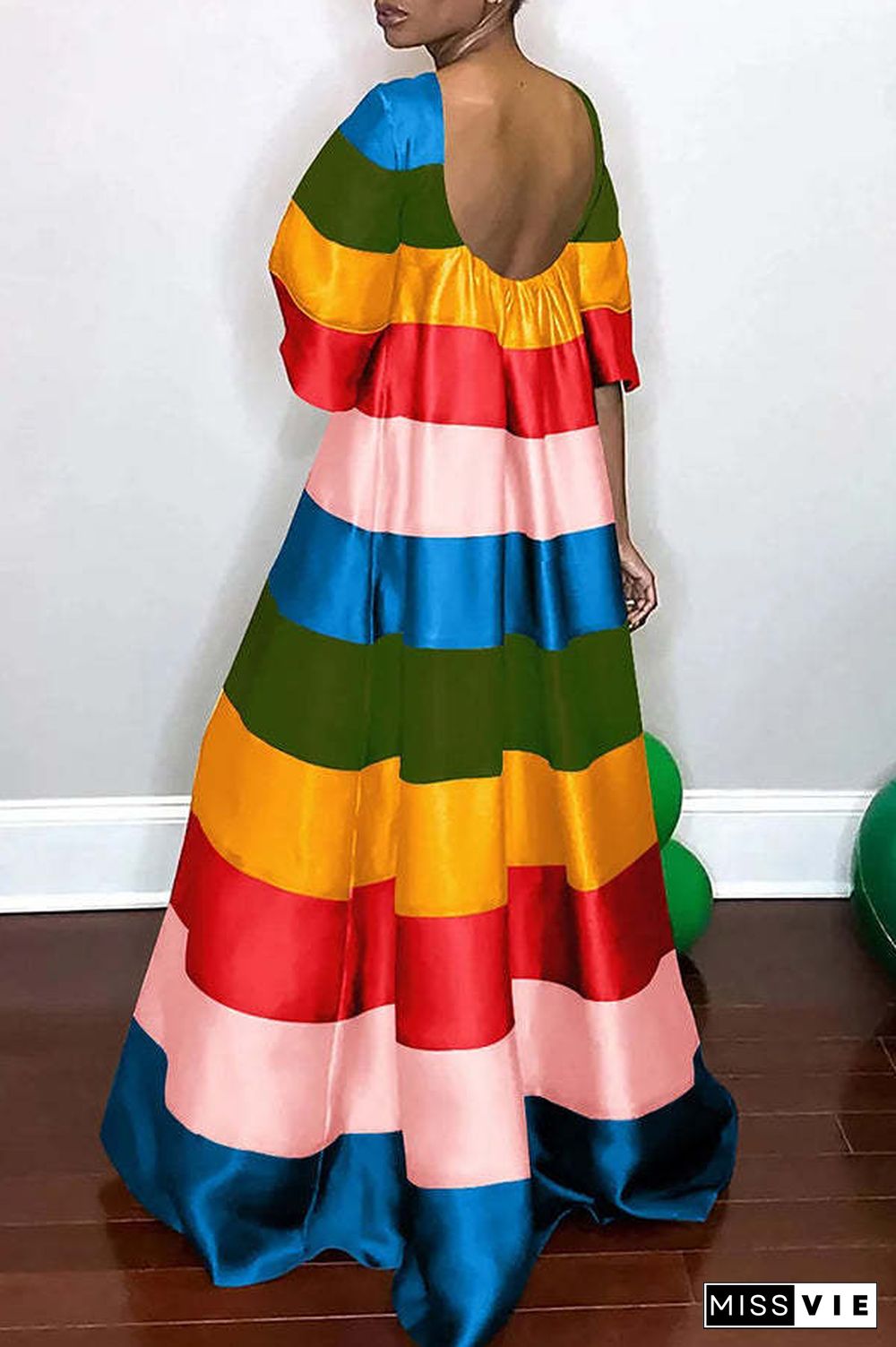 Rainbow Stripe Short Sleeve Loose Maxi Dress