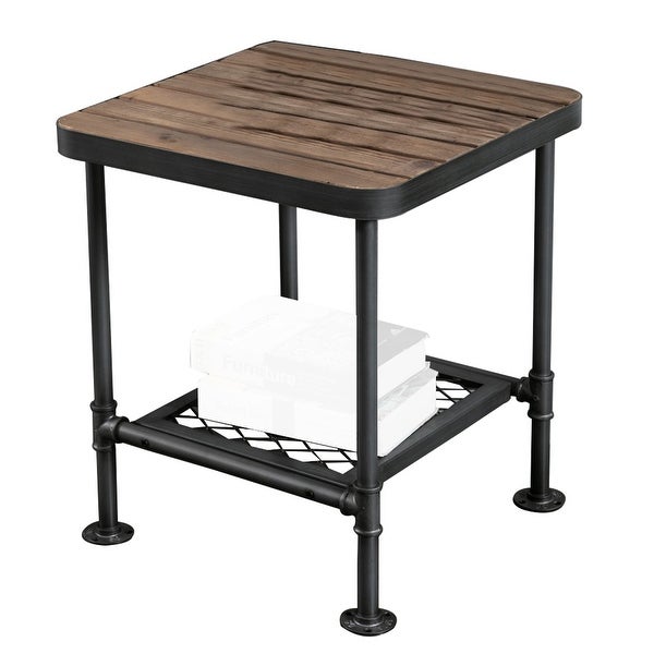 End Table with Plank Top and Mesh Shelf， Brown and Gray