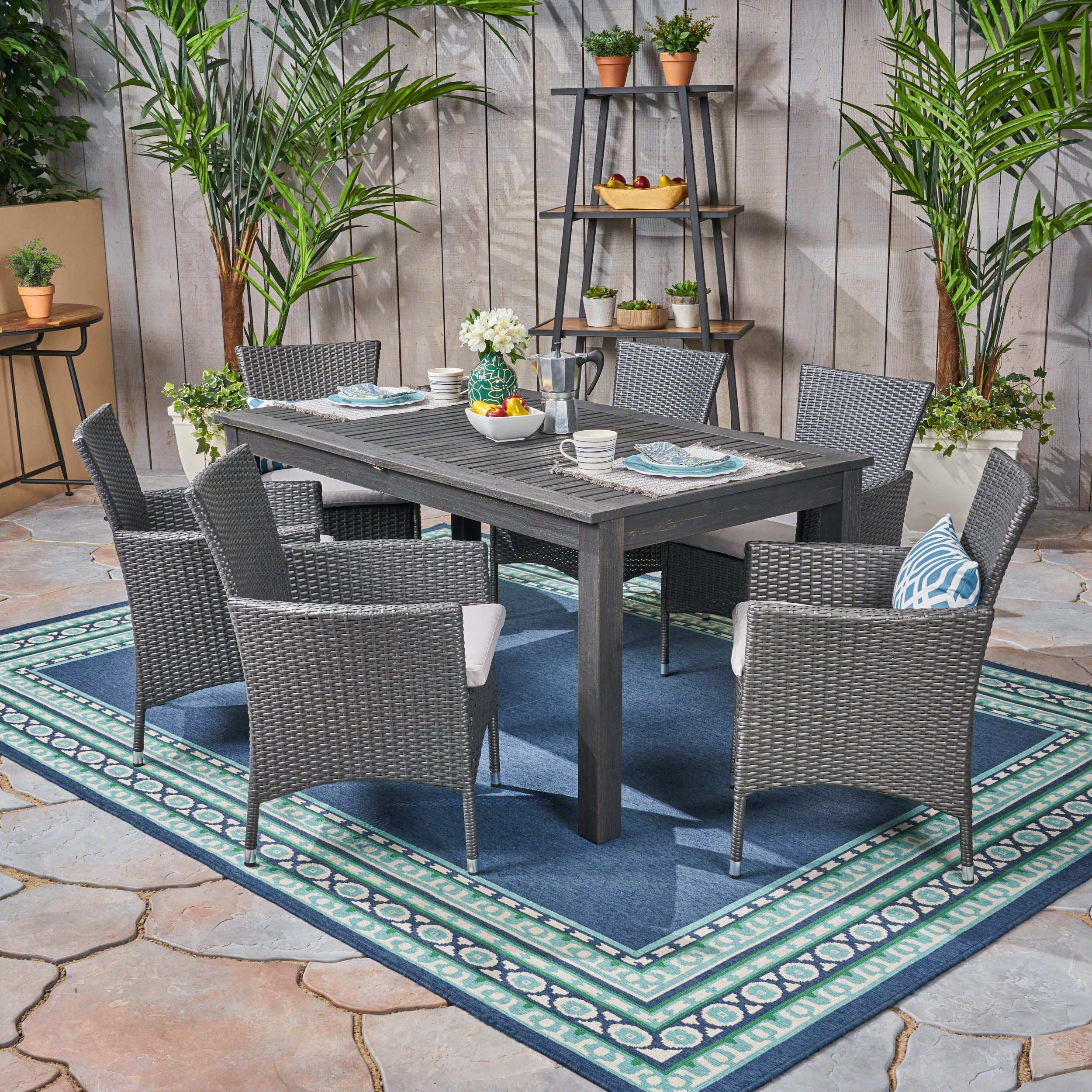 Saluda Outdoor Wood and Wicker Expandable Dining Set