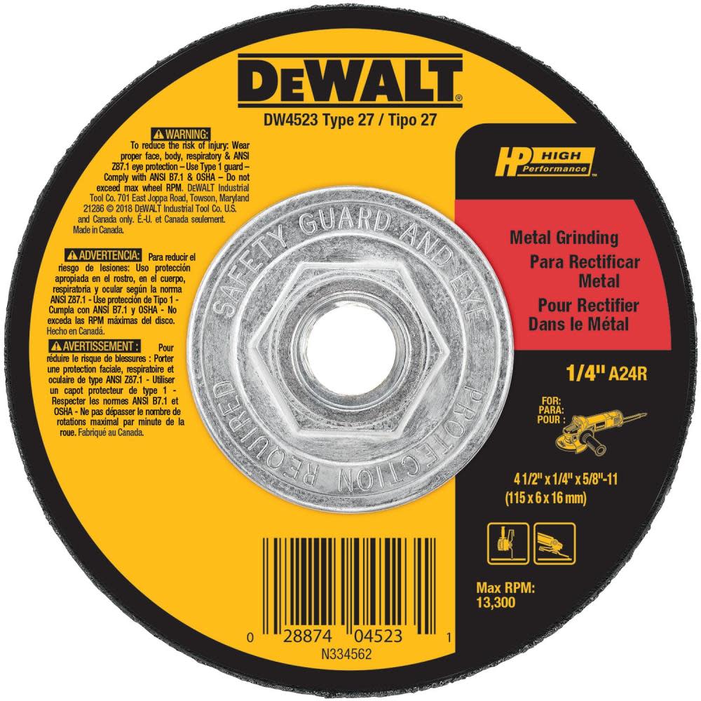 DW High Performance Metal Grinding Wheel 4-1/2-in x 1/4-in DW4523 from DW