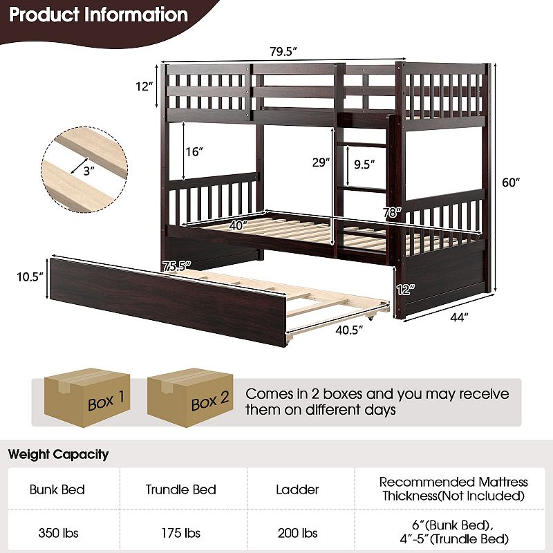 Twin Over Twin Bunk Bed with Pull-out Trundle and Ladder-Espresso