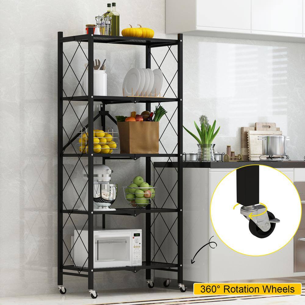 FUFUGAGA 64.3 in. H Black Metal 10-Shelf Freestanding Standard Bookcase Foldable Metal Shelf Shelving Unit With Wheels KF210019-02-xin