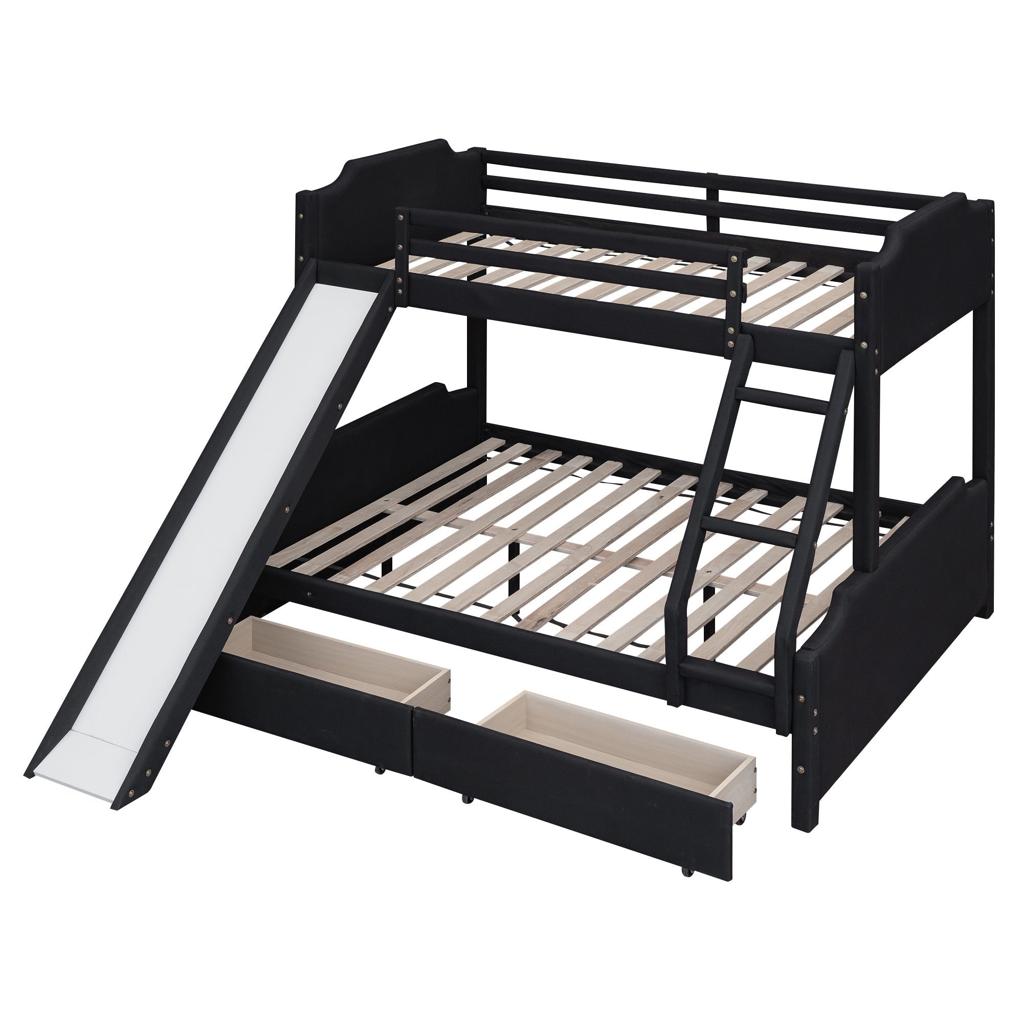 EUROCO Upholstery Twin over Full Bunk Bed with Slide and Drawers for Kids Room, Black