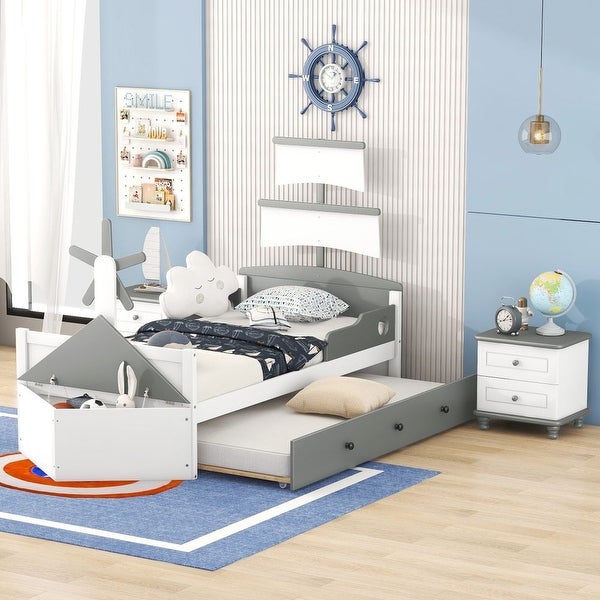 3-Pieces Bedroom Sets，Twin Size Boat-Shaped Platform Bed with Trundle and Two Nightstands - - 38073182