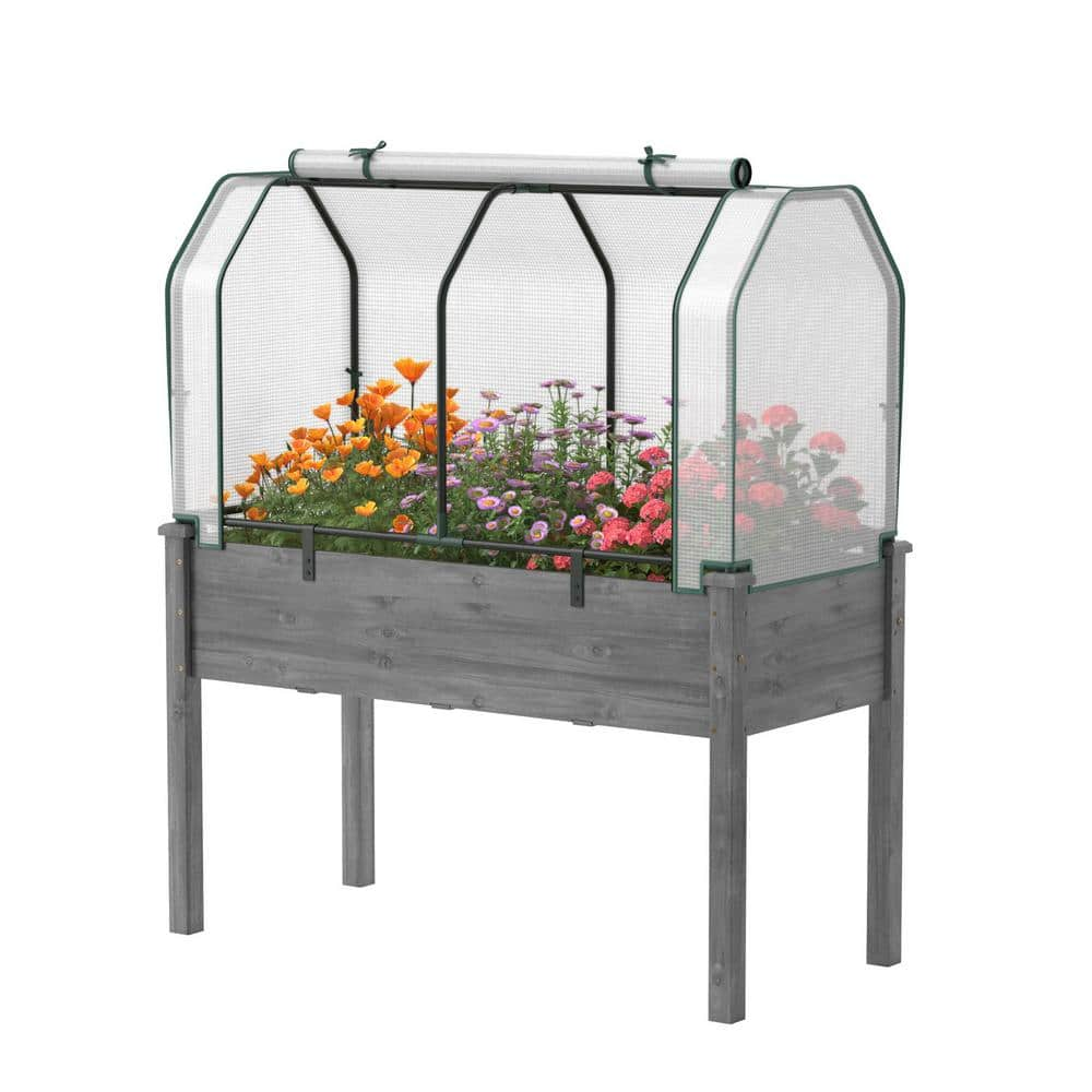 Costway Grey Wood Raised Garden Bed with Dual Zipper Door Greenhouse for Patios and Backyards GT3962+GT3529GR