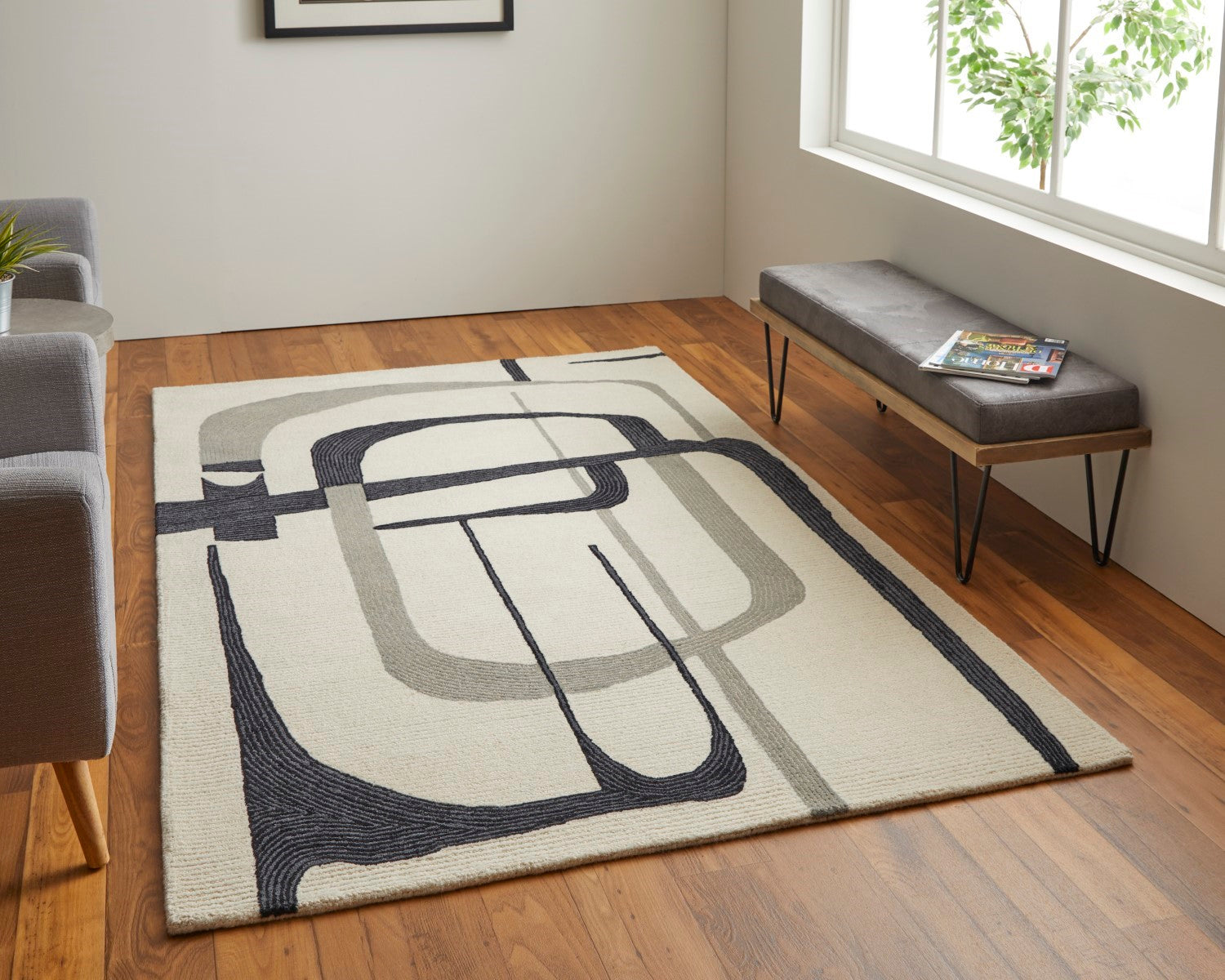 Ardon Architectural Abstract Hand Tufted Ivory / Black Rug