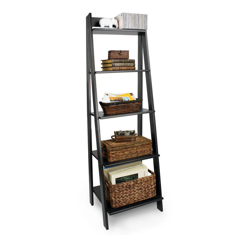 Adeptus 62.2 in. Black Wood 5-shelf Ladder Bookcase with Open Back 95078