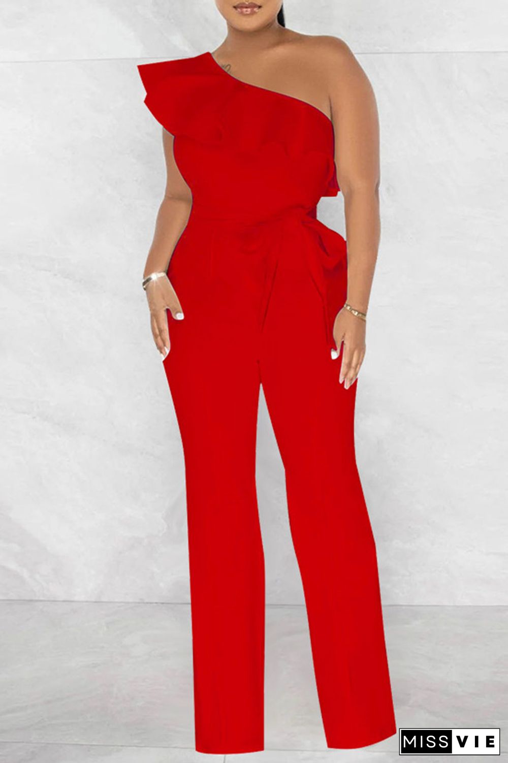 Red Casual Solid Bandage Patchwork Flounce Oblique Collar Straight Jumpsuits