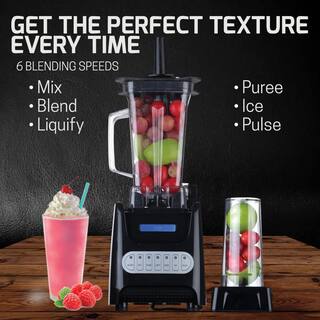 OVENTE 13.5 oz. 1000-Watt Black Robust Professional Blender with BPA Free Blender Jar Travel Mug and Tamper BLH1000B