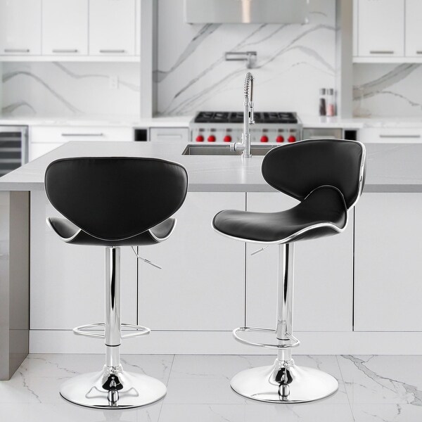 Elama Slim Faux Leather Modern Bar Stool Black Adjustable Swivel Base Set of 2