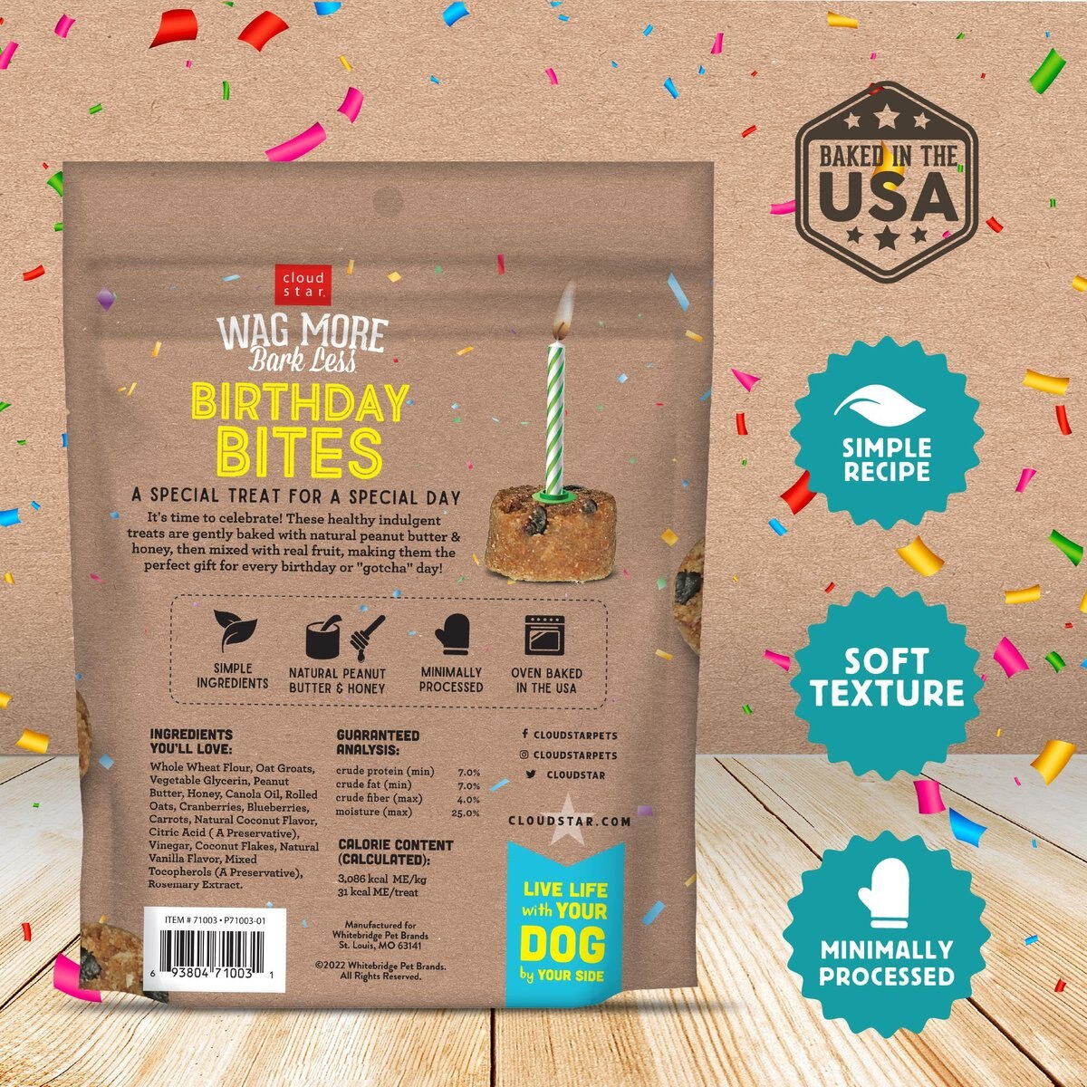 Cloud Star Wag More Bark Less Birthday Bites Peanut Butter and Honey Dog Treats， 5-oz bag