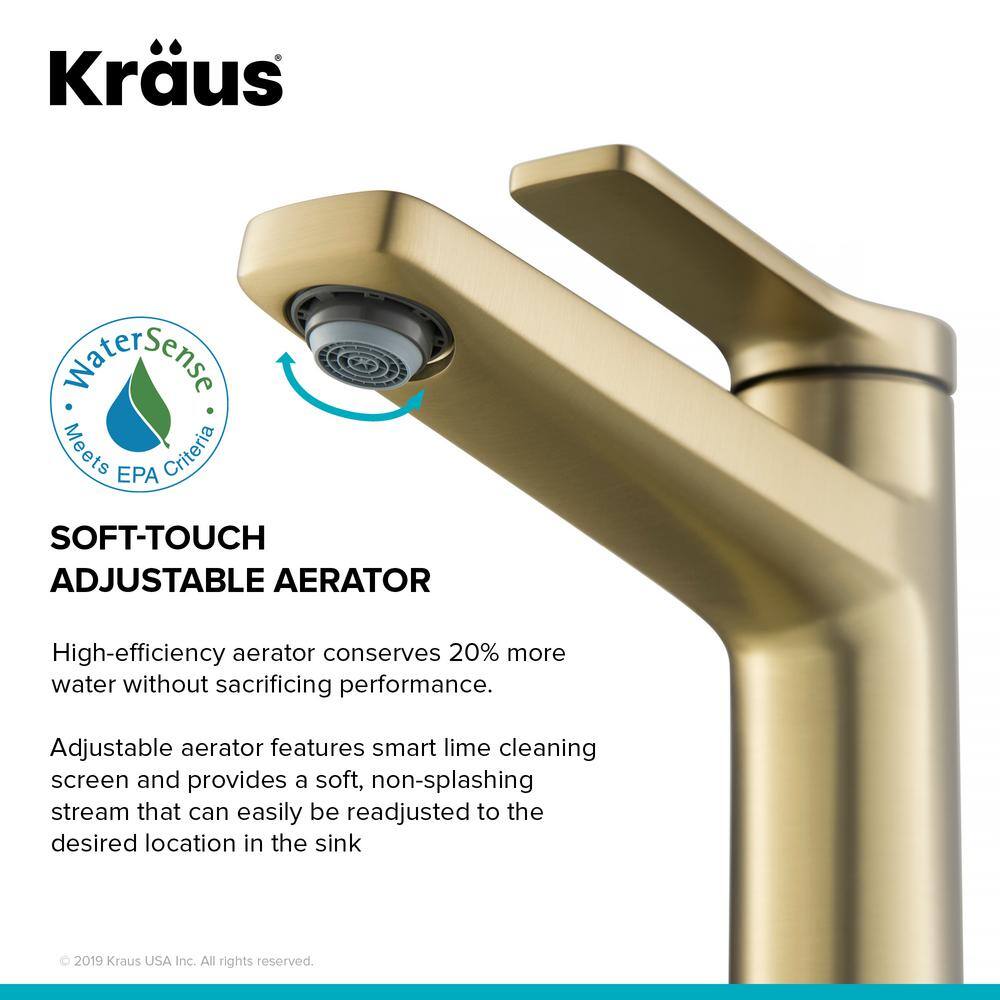 KRAUS Indy Single Handle Bathroom Faucet and Pop Up Drain with Overflow in Brushed Gold KBF-1401BG-PU-11BG