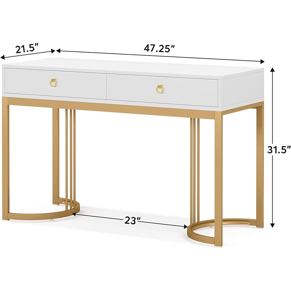 Computer desk Writing Desk with 2 Drawers  47 inch White and Gold Desk  Modern Simple Study Table  Gold Makeup Vanity Desk