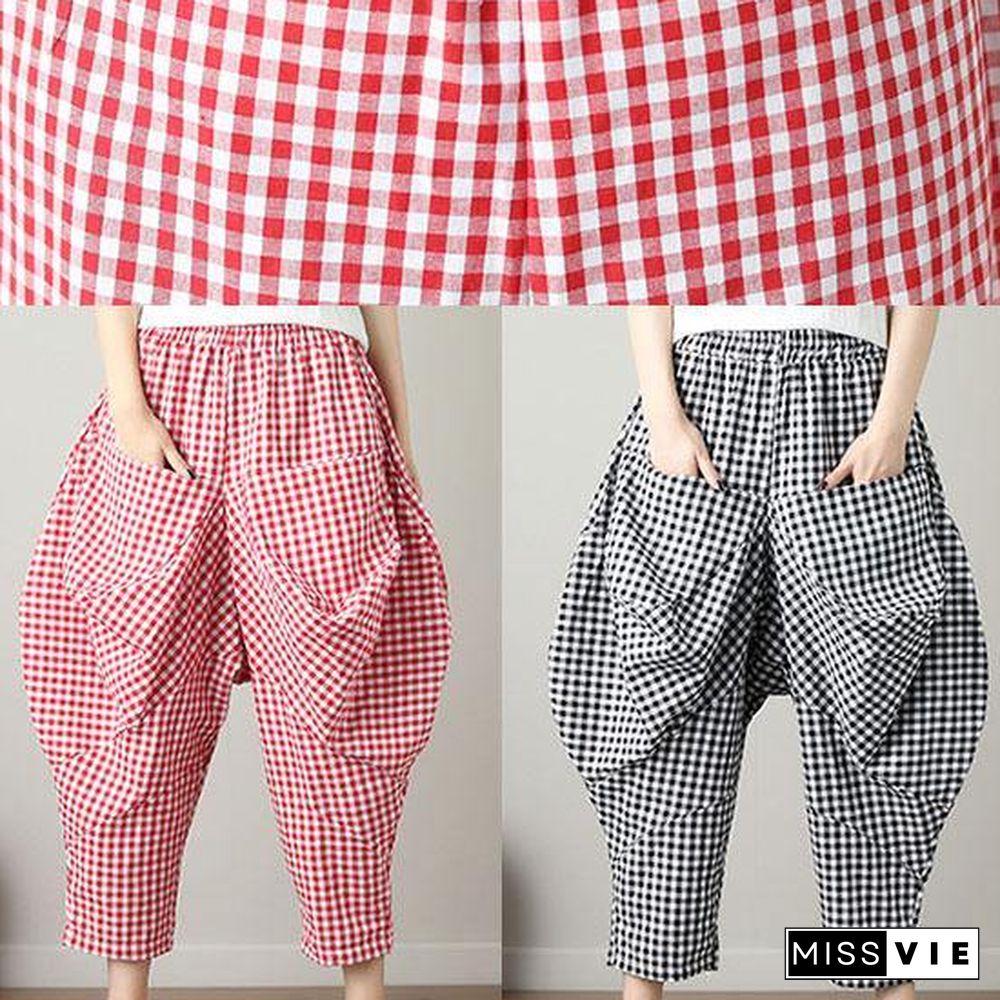 fashion casual red plaid cotton crop pants loose elastic waist pants