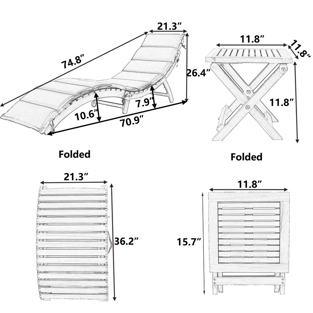 Poolside 3 Piece Wood Portable Extended Chaise Lounge Set with Foldable Tea Table