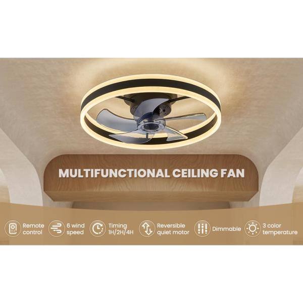 ANTOINE 20 in. Black Low Profile Flush Mount LED with Remote and APP Smart Control Indoor Ceiling Fan with Dimmable Lighting HD-FSD-14