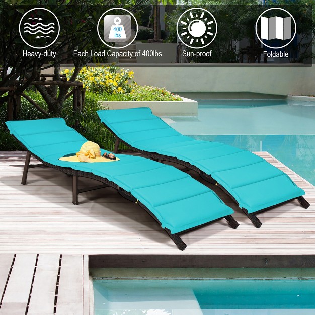 Costway 2pcs Patio Rattan Folding Lounge Chair Chaise Double Sided Cushion Turquoise